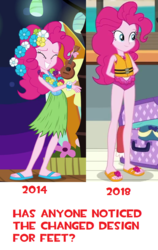 Size: 518x820 | Tagged: safe, screencap, pinkie pie, equestria girls, g4, my little pony equestria girls: better together, shake your tail, the salty sails, clothes, comparison, feet, female, flip-flops, flower, grass skirt, hulapie, lifejacket, sandals, skirt, swimsuit, text