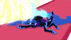 Size: 1668x940 | Tagged: safe, screencap, nightmare moon, alicorn, pony, a royal problem, g4, season 7, armor, beam struggle, blast, canterlot castle, carpet, colored eyelashes, concave belly, ethereal hair, ethereal mane, ethereal tail, eyes closed, eyeshadow, female, glowing horn, grimace, helmet, hoof shoes, horn, jewelry, lying down, magic, magic aura, magic beam, magic blast, makeup, mare, partially open wings, peytral, prone, regalia, slender, sploot, starry hair, starry mane, starry tail, tail, thin, wings