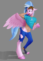 Size: 2480x3508 | Tagged: safe, artist:settop, silverstream, hippogriff, human, g4, clothes, crotch bulge, high res, human to hippogriff, male to female, rule 63, solo, transformation, transgender transformation