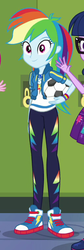 Size: 254x752 | Tagged: safe, screencap, rainbow dash, sci-twi, twilight sparkle, equestria girls, equestria girls series, forgotten friendship, g4, ball, clothes, converse, cropped, female, geode of super speed, hoodie, magical geodes, offscreen character, pants, shoes, sneakers, solo focus