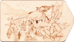 Size: 2780x1600 | Tagged: safe, artist:malte279, derpy hooves, spike, g4, aerial view, armor, canterlot, craft, flying, high angle, knight, lance, ponyville, pyrography, traditional art, weapon