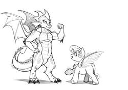 Size: 3507x2480 | Tagged: safe, artist:exelzior, princess flurry heart, spike, alicorn, dragon, pony, g4, female, flexing, grayscale, hand on hip, heart, high res, male, monochrome, muscles, older, older flurry heart, older spike, open mouth, raised hoof, sketch, smiling