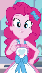 Size: 322x560 | Tagged: safe, screencap, pinkie pie, equestria girls, g4, my little pony equestria girls: better together, the craft of cookies, apron, breaking the fourth wall, clothes, cropped, cute, diapinkes, female, grin, hand on hip, kitchen, pointing, smiling, solo, talking to viewer
