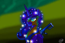 Size: 1024x683 | Tagged: safe, artist:blueberrykamquat, princess luna, oc, oc:moona, pony, fallout equestria, g4, barrett, blurry background, canon x oc, character, commission, fallout, gun, rifle, sniper rifle, weapon