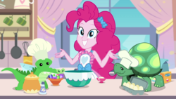 Size: 1280x720 | Tagged: safe, screencap, gummy, pinkie pie, tank, tortoise, equestria girls, g4, my little pony equestria girls: better together, the craft of cookies, apron, chef's hat, clothes, cute, diapinkes, egg (food), food, gemstones, hat, kitchen, looking at you, vanilla extract