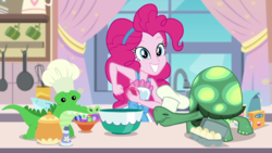 Size: 1280x720 | Tagged: safe, screencap, gummy, pinkie pie, tank, equestria girls, g4, my little pony equestria girls: better together, the craft of cookies, cute, diapinkes, egg (food), food, gemstones, kitchen, looking at you