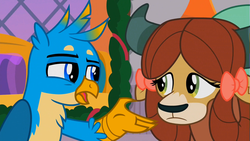 Size: 1920x1080 | Tagged: safe, screencap, gallus, yona, griffon, yak, g4, the hearth's warming club, female, male