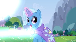 Size: 1332x748 | Tagged: safe, artist:disneymarvel96, trixie, pony, unicorn, g4, brooch, cape, clasp, clothes, cute, diatrixes, gem, glowing, magic blast, smiling, trixie's cape, trixie's glowing brooch, what could possibly go wrong