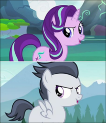 Size: 522x605 | Tagged: safe, screencap, rumble, starlight glimmer, pegasus, pony, g4, marks and recreation, to change a changeling, >:), colt, comparison, evil grin, female, male, smiling, smirk
