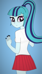 Size: 680x1204 | Tagged: safe, artist:pokemonftw354, sonata dusk, equestria girls, g4, adorable face, clothes, cute, dazzling, looking at you, looking back, looking back at you, nail polish, nails, pleated skirt, ponytail, shirt, skirt, sonatabetes, t-shirt