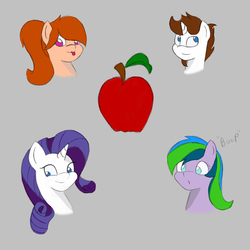 Size: 3000x3000 | Tagged: safe, rarity, oc, oc:madeindonuts, oc:mori, oc:xiao, g4, apple, food, head shot, high res