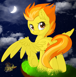 Size: 786x800 | Tagged: safe, artist:unisoleil, spitfire, pegasus, pony, g4, cloud, crescent moon, cutefire, ear fluff, female, looking back, mare, moon, night, solo, underhoof, wing fluff