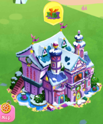 Size: 519x621 | Tagged: safe, gameloft, pony, g4, my little pony: magic princess, the hearth's warming club, building, christmas, holiday, limited-time story, school of friendship, snow, the anonymous campsite