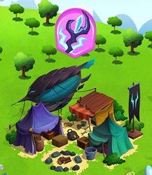 Size: 300x345 | Tagged: safe, gameloft, g4, my little pony: the movie, airship, game screencap, implied storm king, limited-time story, storm king's ship, tent, the anonymous campsite, zeppelin