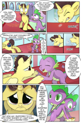 Size: 1800x2740 | Tagged: safe, artist:candyclumsy, discord, spike, oc, oc:tommy the human, alicorn, human, pony, comic:fusing the fusions, comic:tommy finds home, g4, alicorn oc, alicornified, child, comic, commissioner:bigonionbean, concerned, crying, cute, cutie mark, dialogue, falling, foal, fusion, human oc, human to pony, innocent, pain, ponified, race swap, sad, scared, tail, transformed, tripping, writer:bigonionbean