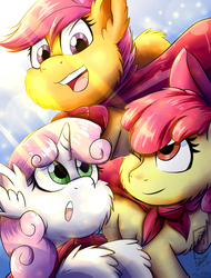 Size: 1750x2300 | Tagged: safe, artist:viejillox64art, apple bloom, scootaloo, sweetie belle, earth pony, pony, g4, cape, cheek fluff, chest fluff, clothes, cutie mark crusaders, ear fluff