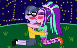Size: 1600x993 | Tagged: safe, artist:ktd1993, aria blaze, microchips, equestria girls, g4, ariachips, blushing, female, kissing, male, shipping, straight