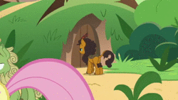 Size: 512x288 | Tagged: safe, screencap, applejack, fluttershy, forest fall, pumpkin smoke, kirin, pony, g4, sounds of silence, animated, background characters doing background things, background kirin, cropped, female, funny background event, kirin village, knocking, male, offscreen character, sound, walking, webm, zoomed in