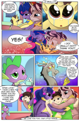 Size: 1800x2740 | Tagged: safe, artist:candyclumsy, discord, spike, oc, oc:king speedy hooves, oc:queen galaxia (bigonionbean), oc:tommy the human, alicorn, human, pony, comic:fusing the fusions, comic:tommy finds home, g4, adoption, alicorn oc, colt, comic, commissioner:bigonionbean, cute, family, father and son, female, foal, fusion, fusion:big macintosh, fusion:flash sentry, fusion:princess cadance, fusion:princess celestia, fusion:princess luna, fusion:shining armor, fusion:trouble shoes, fusion:twilight sparkle, group hug, happy, happy ending, herd, hug, human oc, male, mother and son, pony to human, transformation, why, writer:bigonionbean