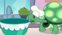 Size: 1280x720 | Tagged: safe, screencap, tank, tortoise, equestria girls, g4, my little pony equestria girls: better together, the craft of cookies, bowl, chef's hat, hat, male, plant, sink, solo, window