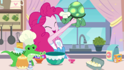 Size: 1280x720 | Tagged: safe, screencap, gummy, pinkie pie, tank, tortoise, equestria girls, equestria girls series, g4, the craft of cookies, spoiler:eqg series (season 2), apron, bowl, chef's hat, clothes, cute, diapinkes, egg (food), food, happy, hat, kitchen, mixing bowl, smiling, window