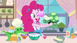 Size: 1280x720 | Tagged: safe, screencap, gummy, pinkie pie, tank, equestria girls, g4, my little pony equestria girls: better together, the craft of cookies, cheek kiss, chef's hat, egg (food), floating heart, food, hat, heart, kissing, kitchen, platonic kiss