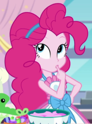 Size: 387x524 | Tagged: safe, screencap, gummy, pinkie pie, equestria girls, equestria girls series, g4, the craft of cookies, spoiler:eqg series (season 2), apron, clothes, cropped, cute, diapinkes, female, finger in mouth, kitchen