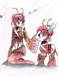 Size: 2409x3141 | Tagged: safe, artist:mashiromiku, human, humanoid, hybrid, pony, spider, antennae, clothes, disguise, duo, entoma, female, high res, kimono (clothing), mare, mask, overlord, ponified, self ponidox, simple background, traditional art, watercolor painting, white background, wingding eyes