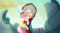 Size: 1700x934 | Tagged: safe, artist:zlayd-oodles, discord, fluttershy, pony, g4, to where and back again, female, holding a pony, hug, male, scene interpretation, ship:discoshy, shipping, straight