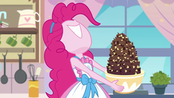 Size: 1920x1080 | Tagged: safe, screencap, pinkie pie, equestria girls, g4, my little pony equestria girls: better together, the craft of cookies, apron, bowl, chocolate, clothes, curtains, cute, diapinkes, female, food, grin, kitchen, plant, ponk, smiling, window