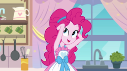 Size: 1920x1080 | Tagged: safe, screencap, pinkie pie, equestria girls, g4, my little pony equestria girls: better together, the craft of cookies, apron, armpits, clothes, curtains, cute, diapinkes, female, happy, kitchen, pinkie's kitchen, pinkie's magic hair, raised arms, smiling, window