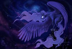 Size: 1100x756 | Tagged: safe, artist:dragonspirit469, princess luna, alicorn, pony, g4, ethereal mane, ethereal tail, female, galaxy, glowing eyes, mare, perched, rock, solo, spread wings, stars, wings