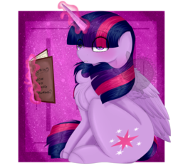 Size: 6000x5600 | Tagged: safe, artist:bladedeehunter, twilight sparkle, alicorn, pony, g4, absurd resolution, blushing, book, cannot unsee, chest fluff, eye clipping through hair, female, magic, sitting, solo, telekinesis, the birds and the bees, thousand yard stare, twilight sparkle (alicorn)