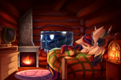 Size: 3028x2000 | Tagged: safe, artist:kaleido-art, oc, oc only, pony, bed, commission, cottagecore, fireplace, forest, furry, high res, moon, night, oc x oc, radio, shipping, snow, snowfall, streetlight, television, window, winter