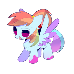 Size: 1181x1181 | Tagged: safe, artist:phobiaowl, rainbow dash, pegasus, pony, g4, alternate hairstyle, chest fluff, chibi, cute, dashabetes, ear fluff, female, mare, no pupils, open mouth, ponytail, simple background, solo, two toned wings, white background