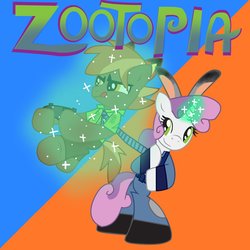 Size: 894x894 | Tagged: safe, artist:ejlightning007arts, button mash, sweetie belle, g4, bunny ears, controller, crossover, female, fox ears, judy hopps, magic, male, nick wilde, ship:sweetiemash, shipping, shipping fuel, straight, zootopia