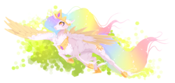 Size: 1856x886 | Tagged: safe, artist:makkah, princess celestia, alicorn, pony, g4, abstract background, collar, colored wings, colored wingtips, female, hoof shoes, jewelry, mare, necklace, regalia, smiling, solo, spread wings, unshorn fetlocks, wings