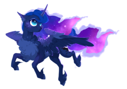 Size: 1630x1139 | Tagged: safe, artist:makkah, princess luna, alicorn, pony, g4, chest fluff, coat markings, colored wings, colored wingtips, dappled, ethereal mane, ethereal tail, female, galaxy mane, mare, simple background, smiling, solo, transparent background, unshorn fetlocks