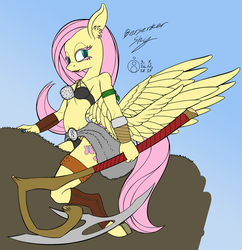 Size: 2000x2067 | Tagged: safe, artist:sepiakeys, fluttershy, harry, pegasus, anthro, unguligrade anthro, g4, armor, axe, berserker, berzerker, bracer, breasts, busty fluttershy, clothes, fantasy class, female, fur, high res, leather, solo, unconvincing armor, weapon, wings