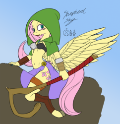 Size: 968x1000 | Tagged: safe, artist:sepiakeys, fluttershy, harry, pegasus, anthro, unguligrade anthro, g4, armor, belly button, bracer, breasts, busty fluttershy, clothes, fantasy class, female, fur, leather, midriff, shepherd, shepherd's crook, solo, unconvincing armor, weapon, wings