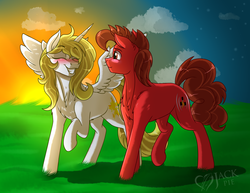 Size: 3500x2700 | Tagged: safe, artist:jack-pie, oc, oc only, alicorn, pony, alicorn oc, eyes closed, female, grin, high res, male, mare, smiling, stallion, sunset