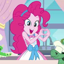 Size: 868x868 | Tagged: safe, screencap, gummy, pinkie pie, tank, tortoise, equestria girls, equestria girls series, g4, the craft of cookies, spoiler:eqg series (season 2), apron, chef's hat, clothes, cropped, cute, diapinkes, female, happy, hat, heart hands, kitchen, looking at you, open mouth, smiling, solo