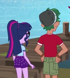Size: 388x430 | Tagged: safe, screencap, sci-twi, timber spruce, twilight sparkle, equestria girls, g4, legend of everfree, arms, camp everfree outfits, clothes, cropped, female, lake, legs, male, pier, ponytail, shorts, water