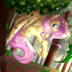 Size: 1000x1000 | Tagged: safe, artist:yellowalpaca0726, fluttershy, pegasus, pony, g4, crepuscular rays, female, forest, hiding, looking at you, mare, solo, spread wings, tree, wings