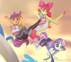 Size: 500x438 | Tagged: safe, artist:animesoul, apple bloom, scootaloo, sweetie belle, equestria girls, g4, armpits, bow, cutie mark crusaders, female, horn, horned humanization, trio, winged humanization, wings
