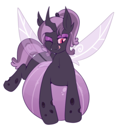 Size: 659x727 | Tagged: safe, artist:lulubell, oc, oc only, oc:gloom, changeling, belly, belly bed, fangs, fat, female, fetish, impossibly large belly, licking, licking lips, lidded eyes, one eye closed, prone, purple changeling, quadrupedal, simple background, tongue out, transparent background, vore, vore belly
