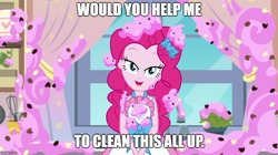 Size: 888x499 | Tagged: safe, edit, edited screencap, screencap, pinkie pie, equestria girls, g4, my little pony equestria girls: better together, the craft of cookies, apron, bedroom eyes, clothes, curtains, food, frosting, grammar error, kitchen, lidded eyes, looking at you, window