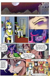 Size: 1800x2740 | Tagged: safe, artist:candyclumsy, oc, oc:king speedy hooves, oc:queen galaxia (bigonionbean), oc:tommy the human, alicorn, human, pony, comic:fusing the fusions, comic:of gaurdians and nightmares, alicorn oc, angry, bad dream, bedroom, canterlot, canterlot castle, comic, commissioner:bigonionbean, concerned, dark magic, dialogue, father and son, female, full moon, fusion, fusion:big macintosh, fusion:flash sentry, fusion:princess cadance, fusion:princess celestia, fusion:princess luna, fusion:shining armor, fusion:trouble shoes, fusion:twilight sparkle, horror, human oc, implied king sombra, jewelry, magic, male, moon, mother and son, night, papa bear, papa wolf, pillow, regalia, royal guard, scared, sweat, sweating profusely, writer:bigonionbean