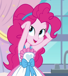 Size: 896x999 | Tagged: safe, screencap, pinkie pie, equestria girls, equestria girls series, g4, the craft of cookies, spoiler:eqg series (season 2), apron, arm behind head, armpits, arms, clothes, cropped, cute, diapinkes, female, happy, kitchen, pinkie's magic hair, smiling