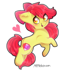 Size: 1000x1000 | Tagged: safe, artist:yellowalpaca0726, apple bloom, earth pony, pony, g4, adorabloom, backwards cutie mark, blushing, cute, cutie mark, eye clipping through hair, female, filly, heart, simple background, smiling, solo, the cmc's cutie marks, white background